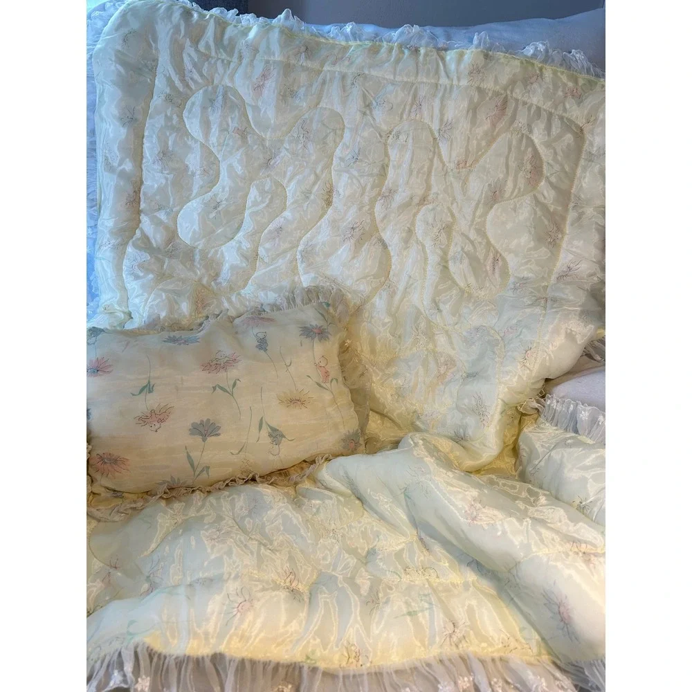Vintage Yellow Floral Cherub Baby Comforter and Pillow Set Ruffle Lace Trim